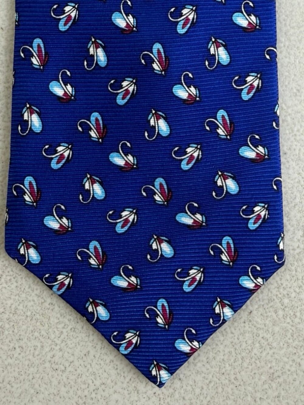 Vintage Fishing Fly Tie 90s Blue 100% Silk Fisherman Tackle Print Necktie